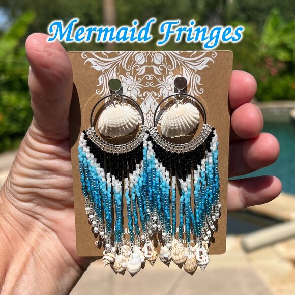 Handmade Beaded Long Tassel Fringe Dangle Drop Mermaid Post Shell Earrings - Picture 7 of 7